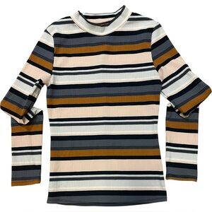 GENTLE FAWN‎ Elyse Navy Pink Striped Mock Neck Key Hole Ribbed Knit Top Shirt XS